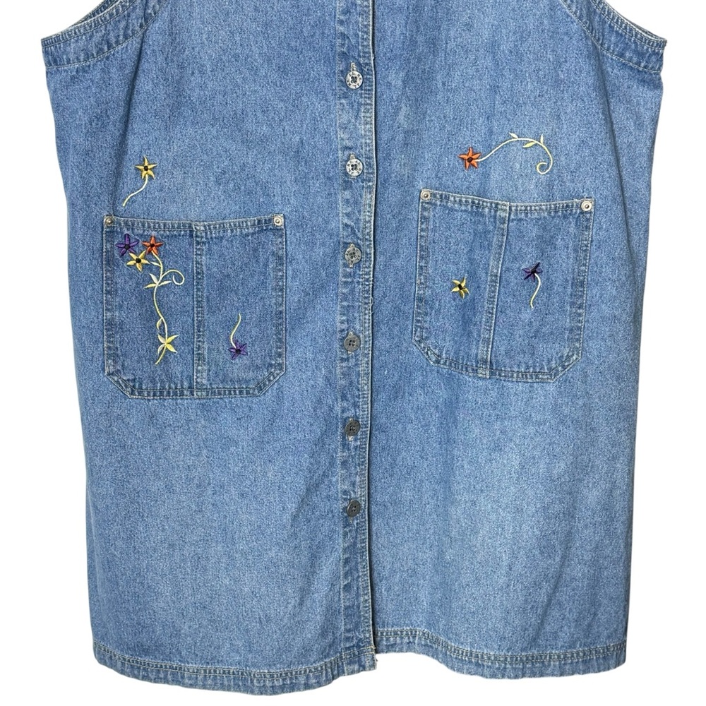 VTG Denim Button Front Floral Embroidered Boxy Dress Size 2X V-Neck Knee Length - Picture 5 of 10